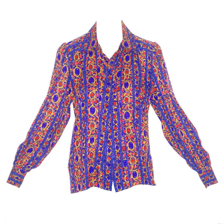 Yves Saint Laurent rive gauche Jewel Print Blouse with Ties For Sale