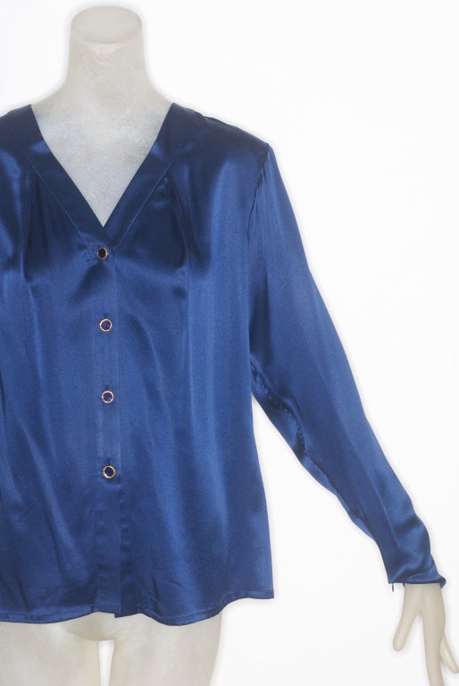 YSL rive gauche silk blouse with gilt edged blue enamel buttons.