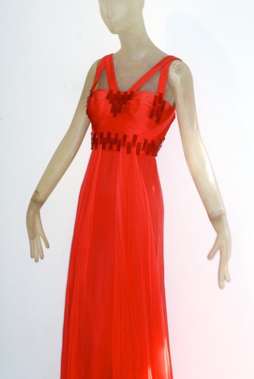 Versace Coral Chiffon gown with Beading For Sale 2