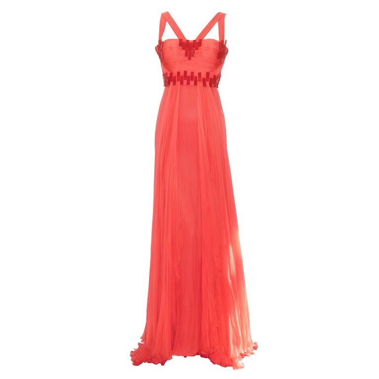 Versace Coral Chiffon gown with Beading For Sale