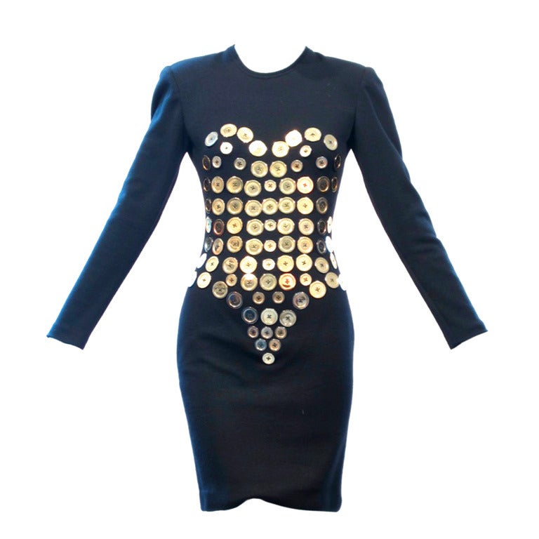 1980s Patrick Kelly Playful and Iconic Gold Button Dress For Sale