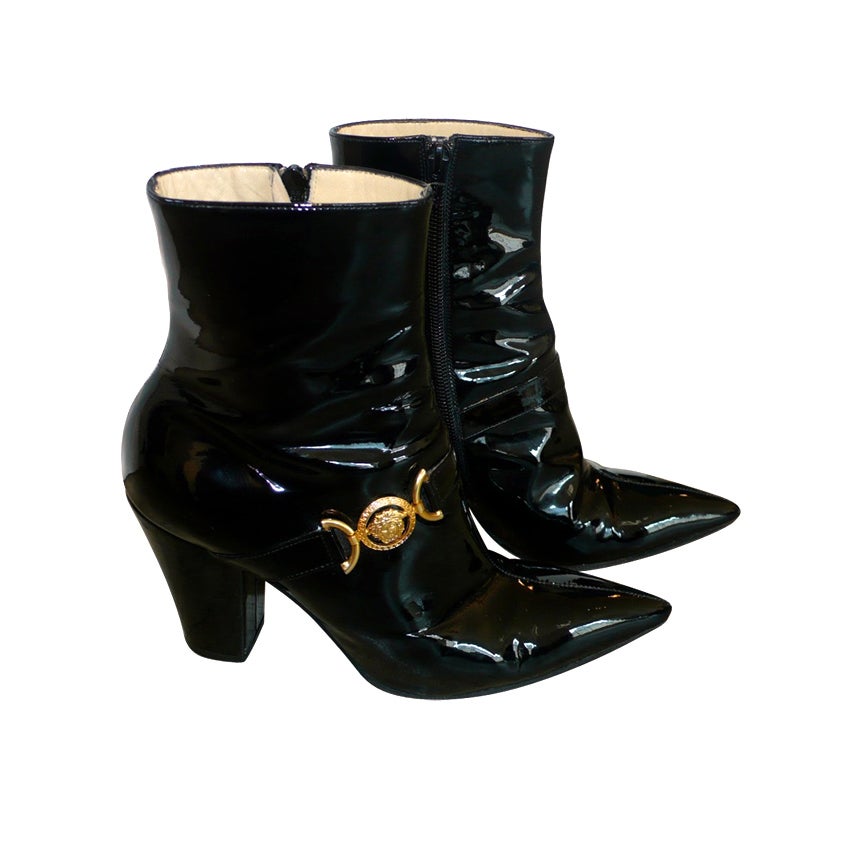 Gianni Versace Black Patent Leather Booties with Gold Medusa
