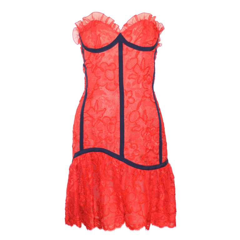 Summer 1992 Yves Saint Laurent Red Lace Bustier Dress For Sale