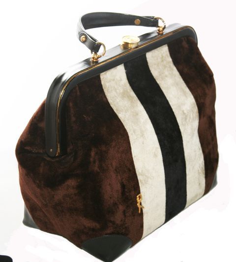 Gorgeous and so Chic Roberta di Camerino handbag, circa 1960. Black leather, striped velvet and gold hardware finishing. Excellent condition. Size: 
29 x 23 x 16 cm - 11.4 x 9 x 6.3 in. 
The brand Roberta di Camerino received many awards and is