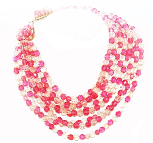 Gorgeous and so Glamour Pink Coppola e Toppo Crystal necklace of the Fifties. Two-tones of pink crystal beads. Excellent condition. Marked: Made in Italy by Coppola e Toppo. Size: Shortest Length: 36 cm - 14 1/5 in. Width: 8 cm - 3 1/6 in.