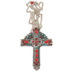 Vintage Christian Lacroix Gorgeous Turquoise & Red Glass Cross