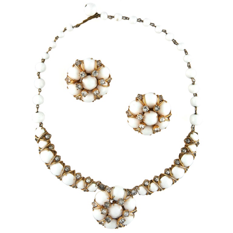 Hattie Carnegie Milk Glass & Crystal Signed Choker & Earrings For Sale