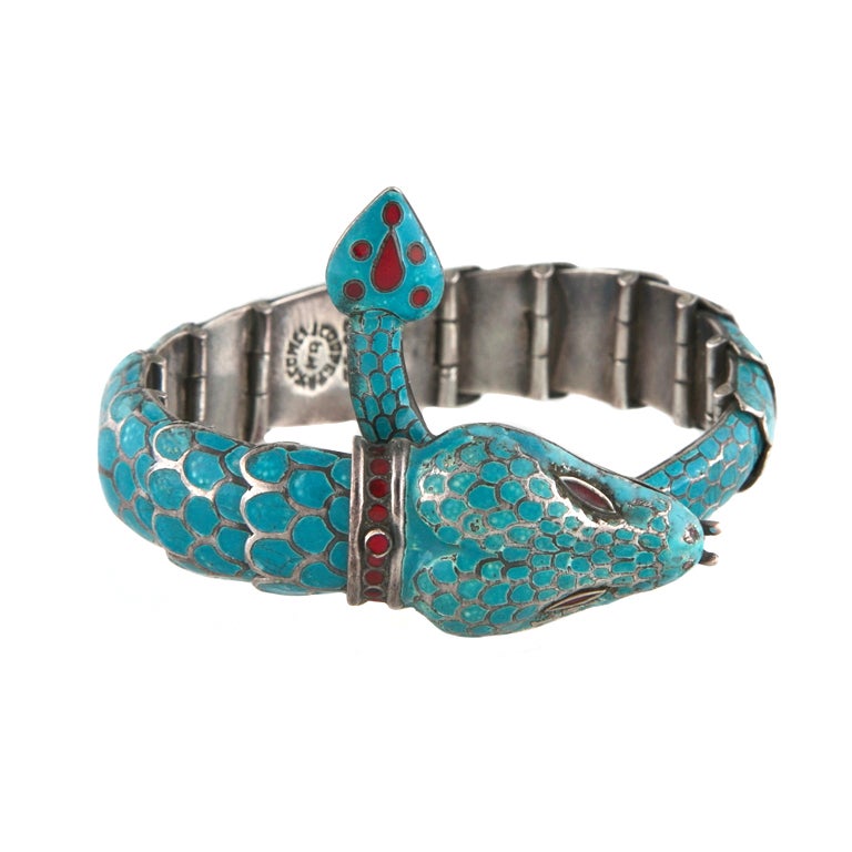 Mexican Sterling and Blue Enamel Snake Bracelet For Sale