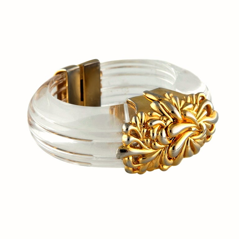 INNA CITRINE PARIS LUCITE AND GOLD CUFF For Sale