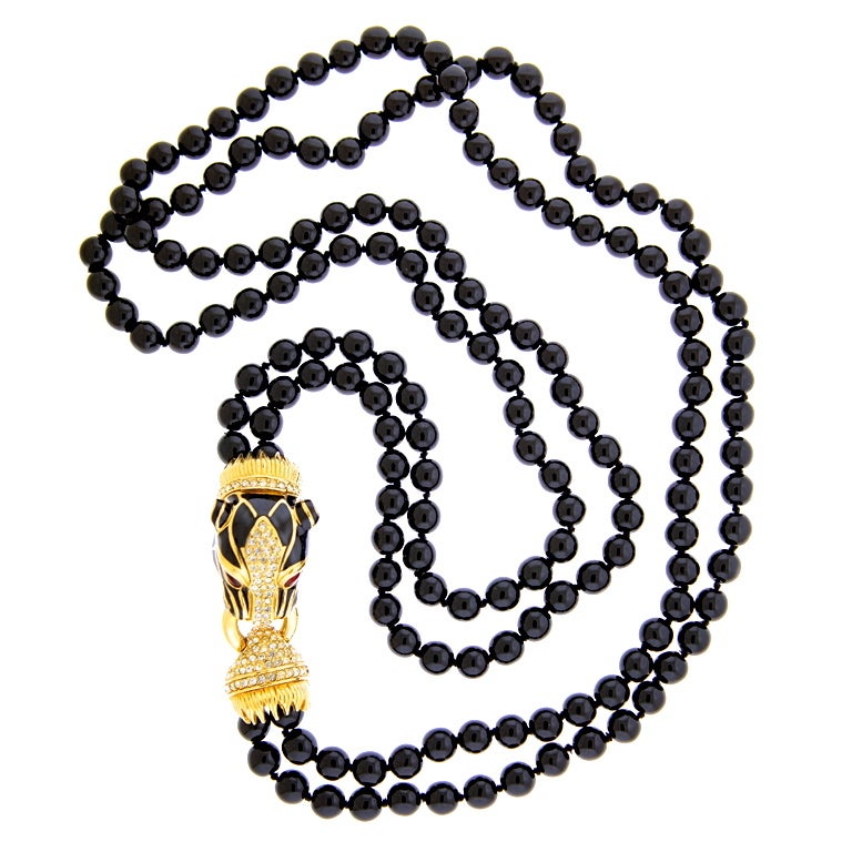 Ciner Black Enamel & Crystal Panther Beaded Necklace For Sale