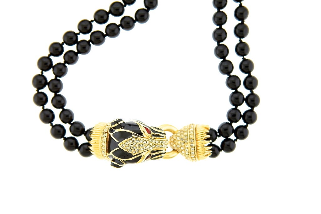 Women's Ciner Black Enamel & Crystal Panther Beaded Necklace For Sale