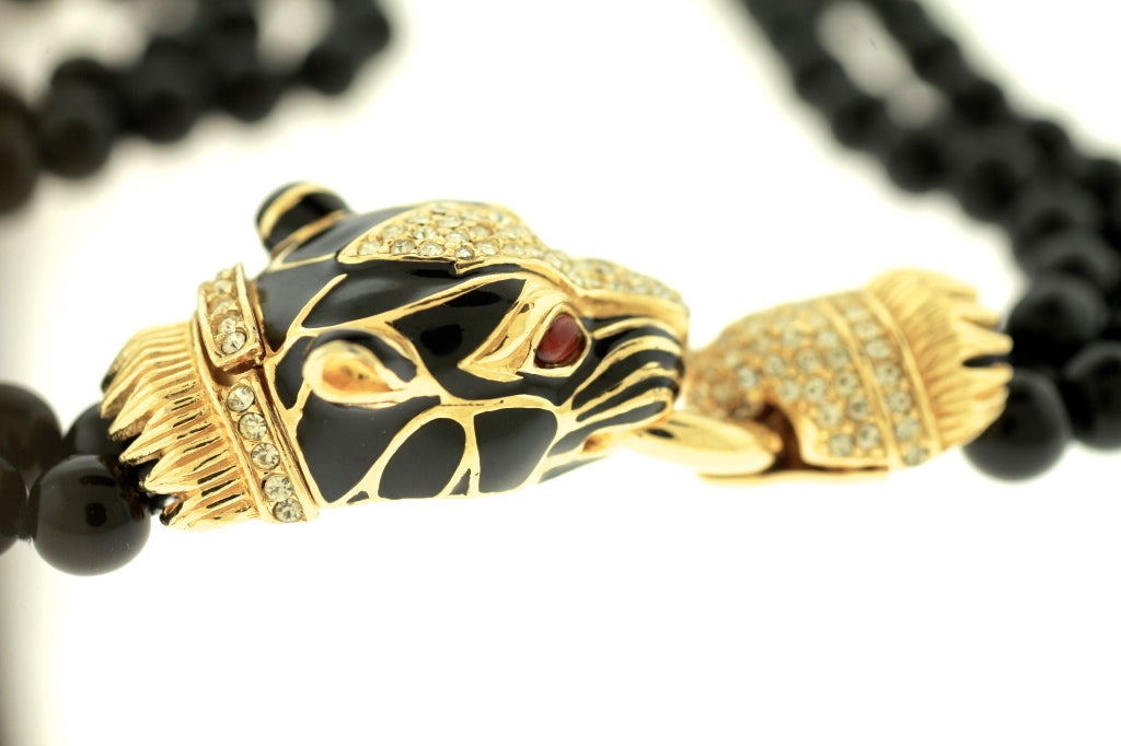 Ciner Black Enamel & Crystal Panther Beaded Necklace For Sale 1