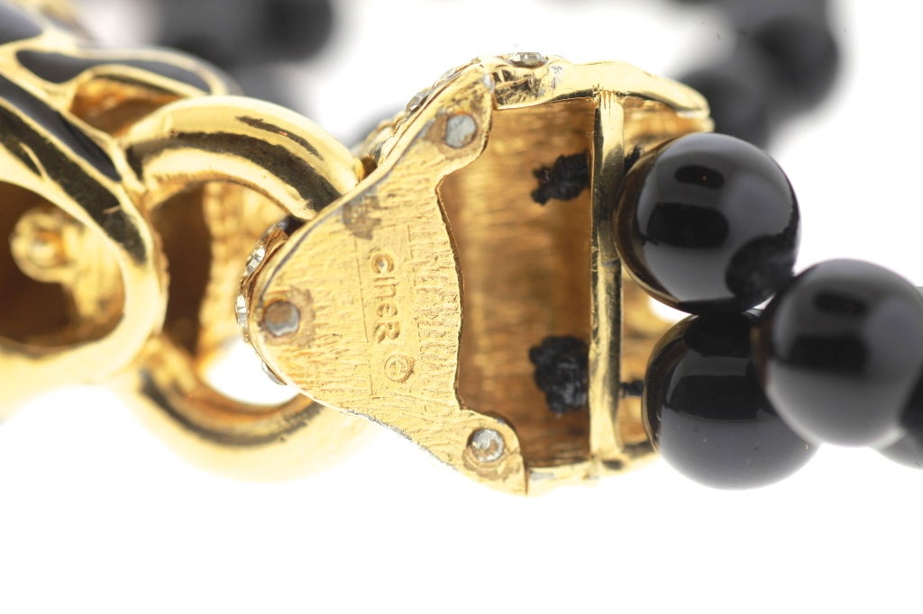 Ciner Black Enamel & Crystal Panther Beaded Necklace For Sale 4