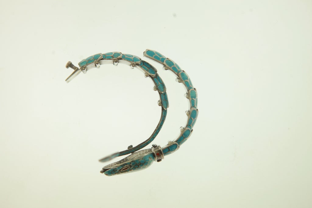 Women's Mexican Sterling and Blue Enamel Snake Bracelet For Sale