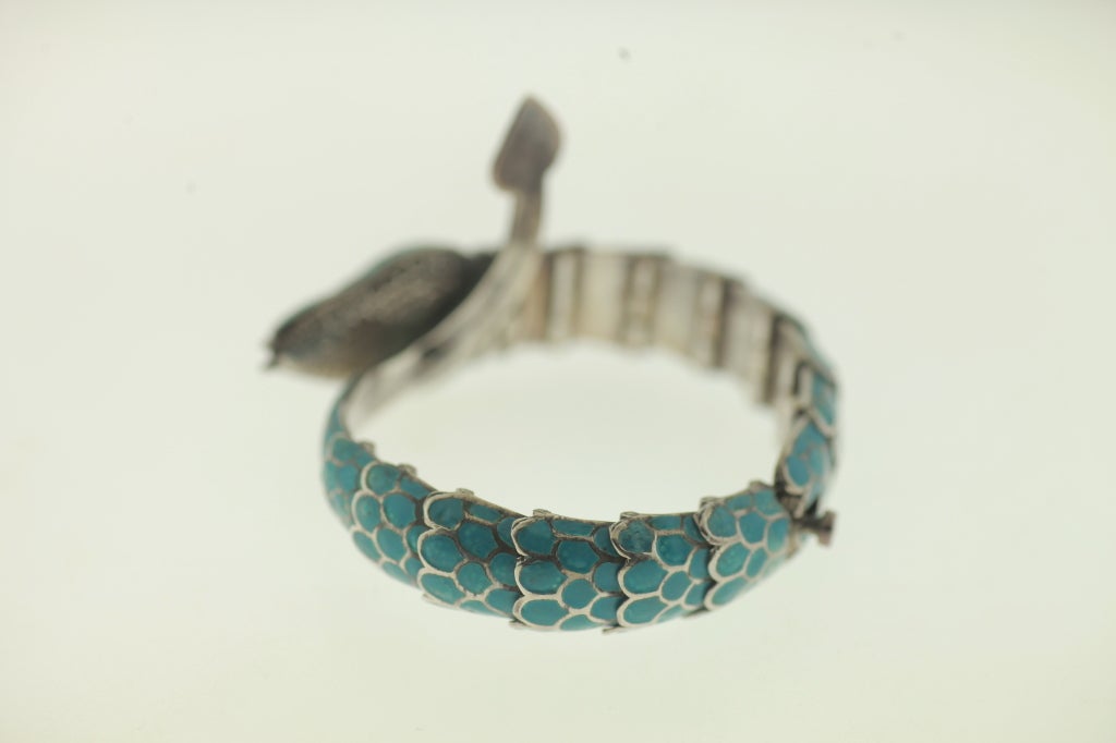 Mexican Sterling and Blue Enamel Snake Bracelet For Sale 1