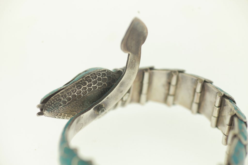 Mexican Sterling and Blue Enamel Snake Bracelet For Sale 2