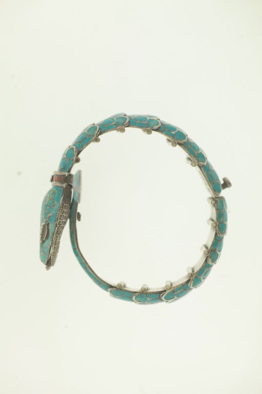 Mexican Sterling and Blue Enamel Snake Bracelet For Sale 3