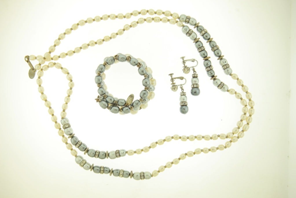 Miriam Haskell Baroque Platinum White Pearl and Crystal Parure