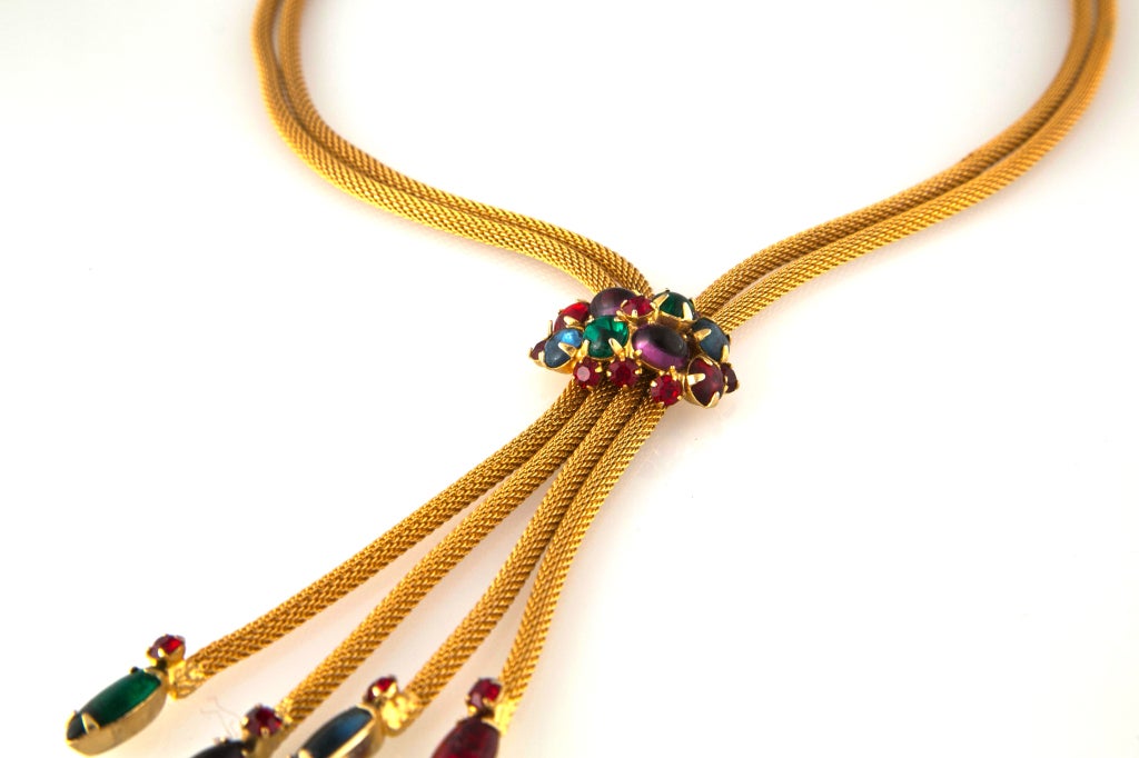 Women's Elsa Schiaparelli Gold Mesh Crystal Tassel Necklace For Sale