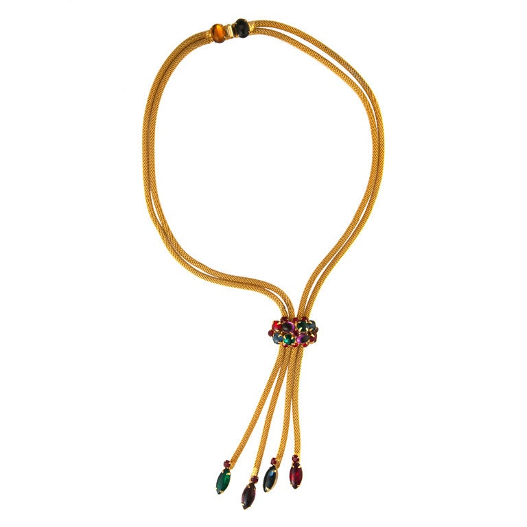 Elsa Schiaparelli Gold Mesh Crystal Tassel Necklace For Sale