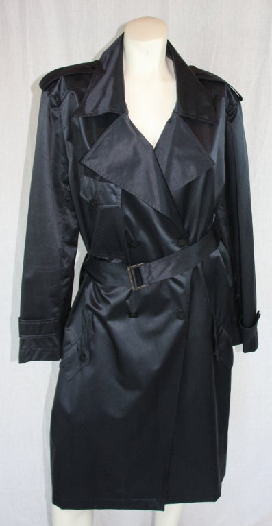 2001 Chanel navy trench coat with belt... CC button logo front closure