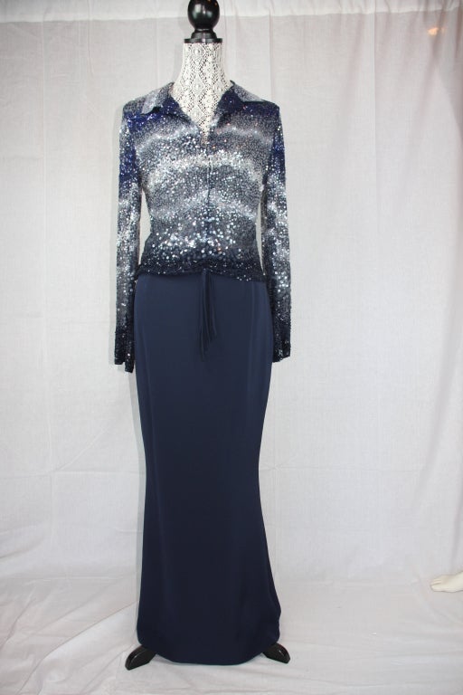 Nice evening dress with coordinating long sleeved blouse. The blouse is detailed with sequins that go from pale ice blue to a deep midnight. Raised 