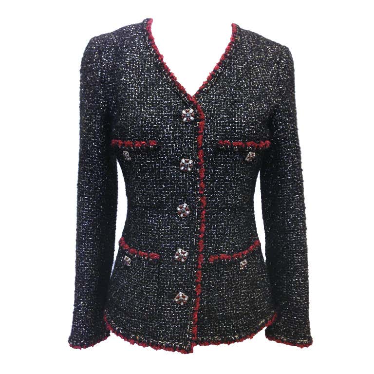 Chanel Black And White Tweed With Red Trim Jacket at 1stdibs