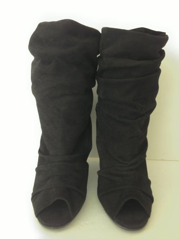 Gray Manolo Blahnik Black Suede Wedge Booties For Sale