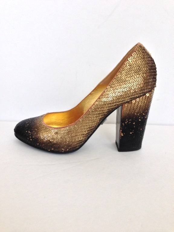 Sequined in ombré fashion, from gold to brown
Heel height: 4 inches

Shoe box not included
All sales final