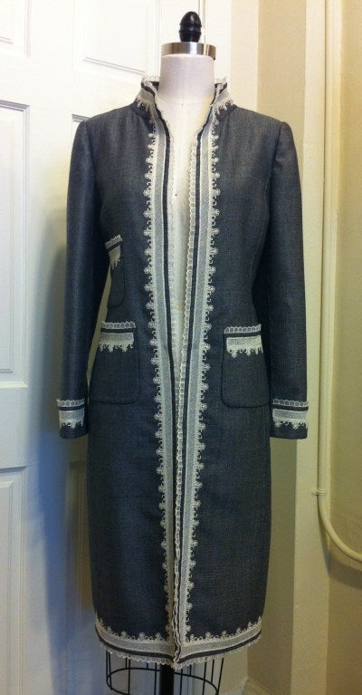 Oscar De La Renta Blue/White Micro-Check Coat With Lace Detail