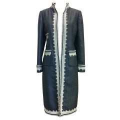 Oscar De La Renta Blue/White Micro-Check Coat With Lace Detail