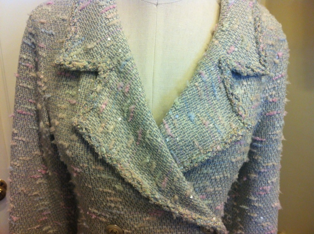 Chanel Light Blue Double Breasted Tweed Coat 2