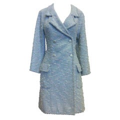 Chanel Light Blue Double Breasted Tweed Coat