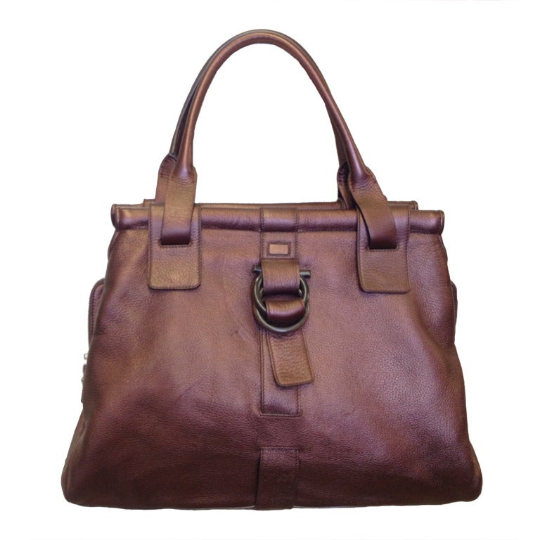 Ferragamo Large Metalic Burgundy Leather Bag For Sale