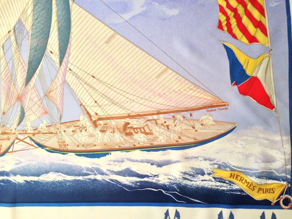 Great romance and high adventure color this sweeping view of nautical racing. 

Beyond the dazzling hues and graceful lines, we are charmed, as ever, by the details of this Hermes piece. The decks of the boats are populated by an articulate crew