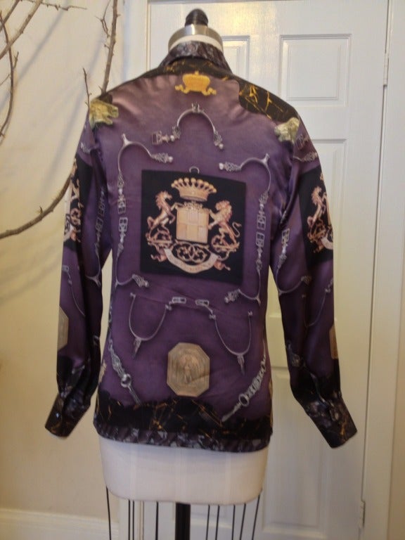 Hermes Aubergine Equestrian Print Silk Blouse