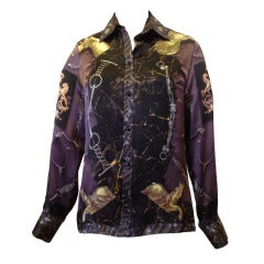 Hermes Aubergine Equestrian Print Silk Blouse