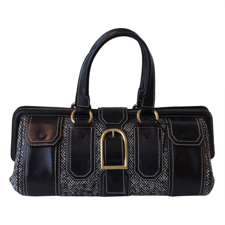 Celine Tweed and Leather Handbag For Sale