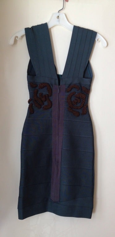 Herve Leger Teal Bandage Dress with Beading
