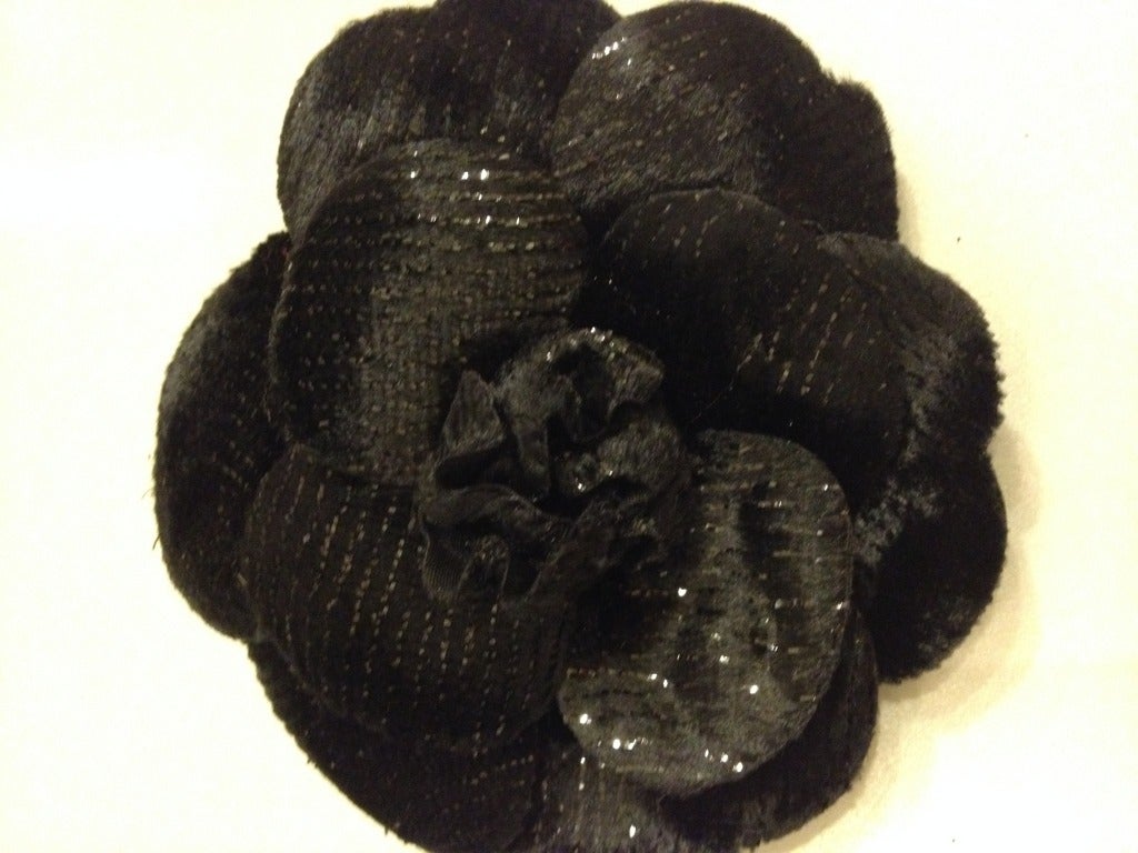 Chanel Black Velvet Camelia Brooch with Silver Thread In Excellent Condition In San Francisco, CA