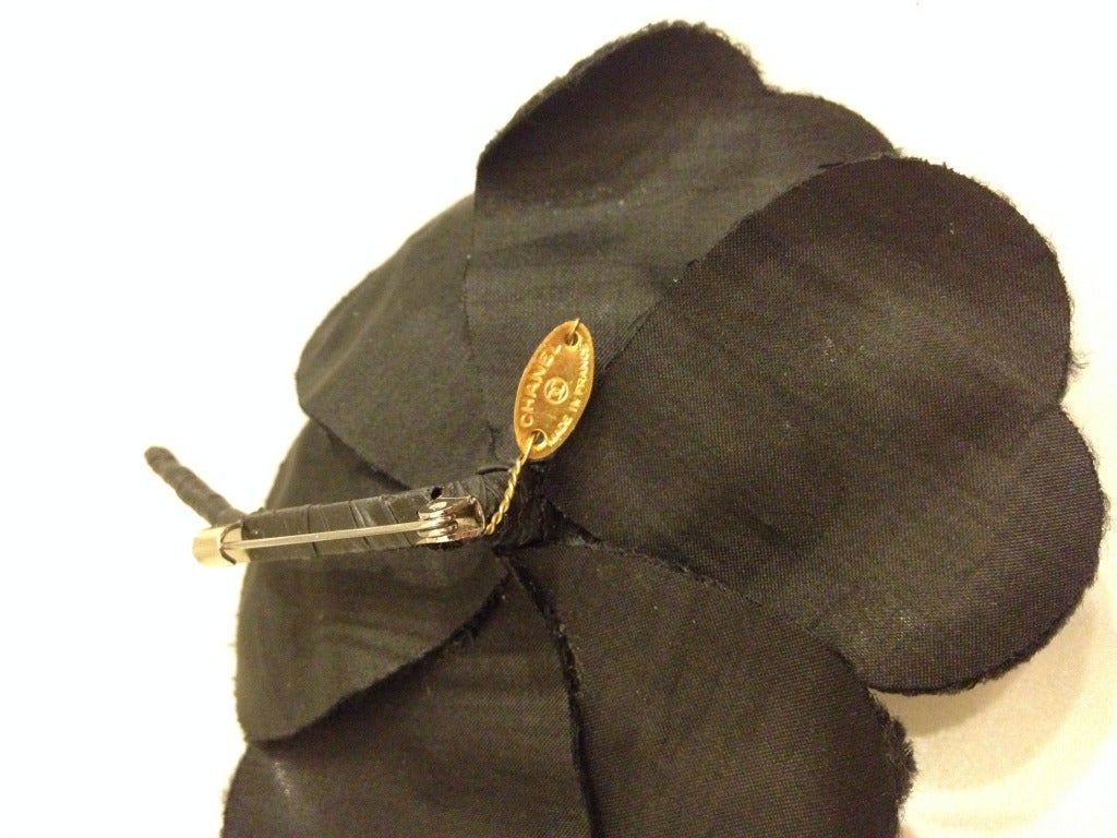 Chanel Black Velvet Camelia Brooch with Silver Thread 1