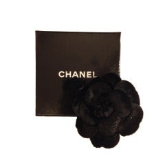 Chanel Black Velvet Camelia Brooch with Silver Thread