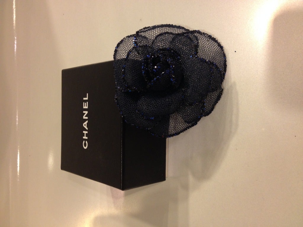 Add a touch of chic to your wardrobe!  The delicate navy blue mesh trimmed with glitter is a beautiful accessory.  Wear it on your favorite jacket or even on a necklace.

Guaranteed authentic, this brooch comes with the original box.