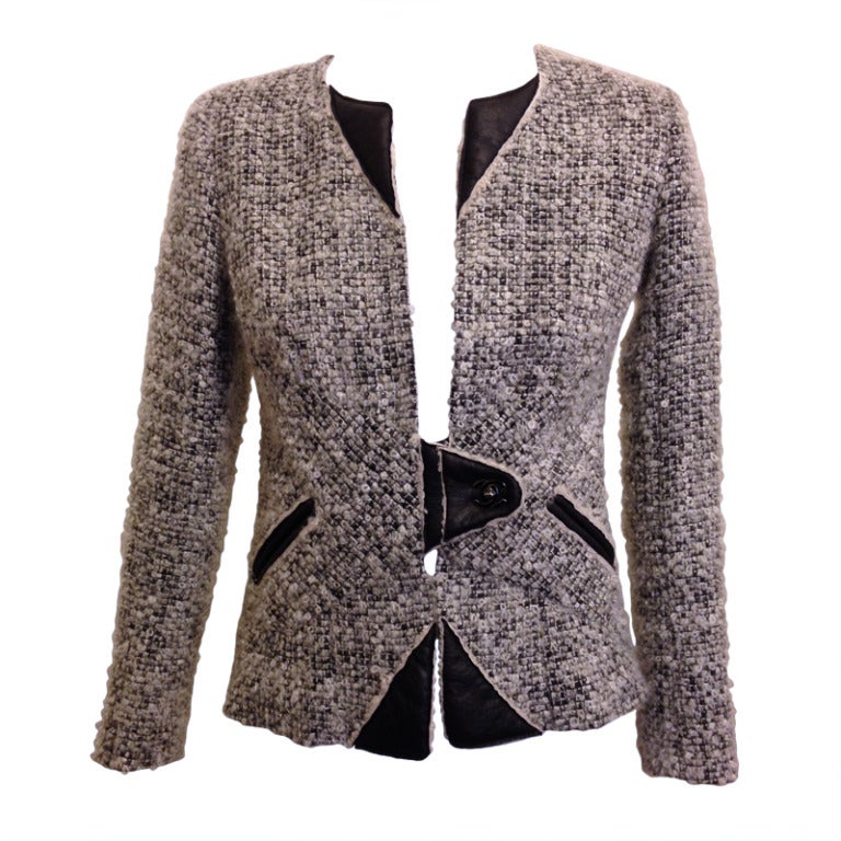 Chanel Gray Tweed Jacket with Leather