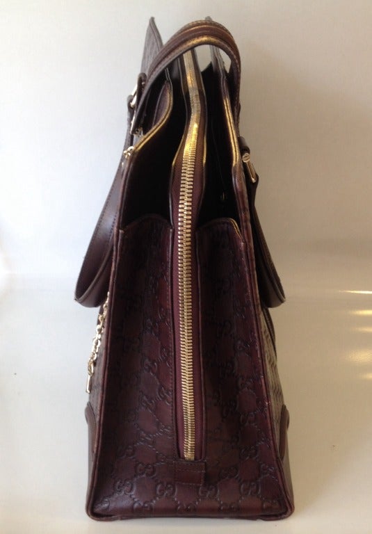 Gucci Brown Leather Monogram Handbag In Excellent Condition In San Francisco, CA