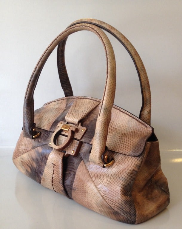 Salvatore Ferragamo Brown and Beige Reptile Handbag In New Condition For Sale In San Francisco, CA