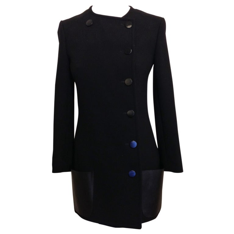 Celine Black Coat with Leather Pockets at 1stDibs
