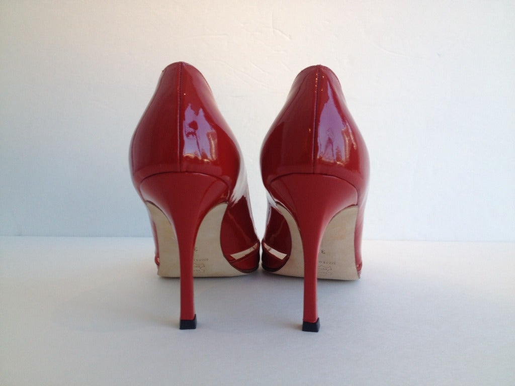 Manolo Blahnik Red Peep Toe Heels In New Condition In San Francisco, CA