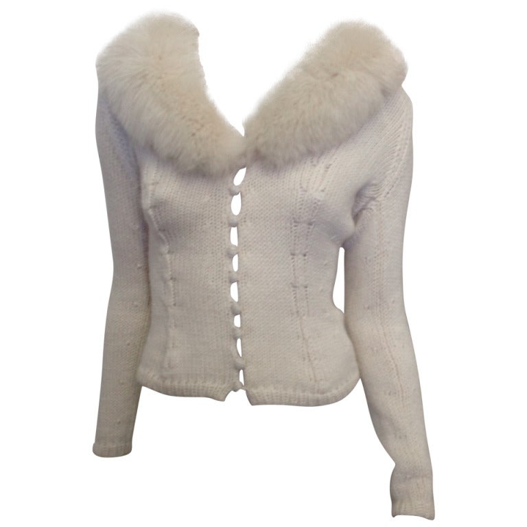 Blumarine Cream Cardigan with Fur Collar