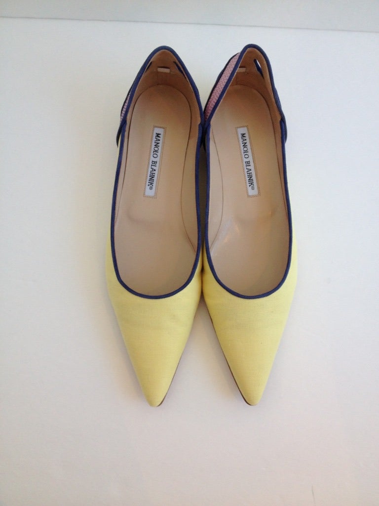 These flats are the perfect spring shoe! The color is a delicate pale yellow with  navy trim around the shoe. The back has a pink heel strap that comes up to secure your foot. The pointed toe gives a new, crisp look to your outfit. These shoes will